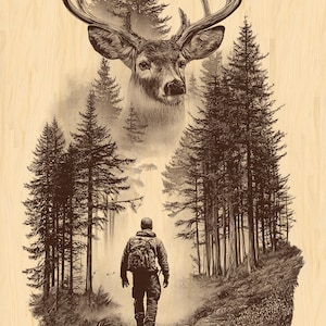 Könnte beinhalten: Sepiafarbene Illustration einer Waldszene mit einem Hirsch und einer Person. Ein großer Hirschkopf mit Geweih befindet sich über einer Person, die auf einem Pfad durch die Bäume geht. Das Kunstwerk befindet sich auf einem hellen Holzmaserungshintergrund.