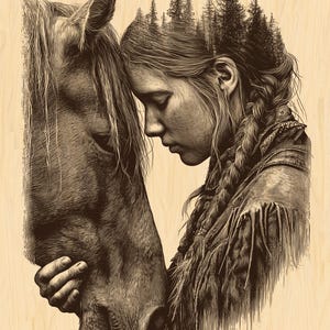 May include: Sepia-toned illustration of a woman with braided hair and a horse. The woman is gently touching the horse's head, with a forest scene subtly integrated into her hair. The artwork is set against a light wood grain background.