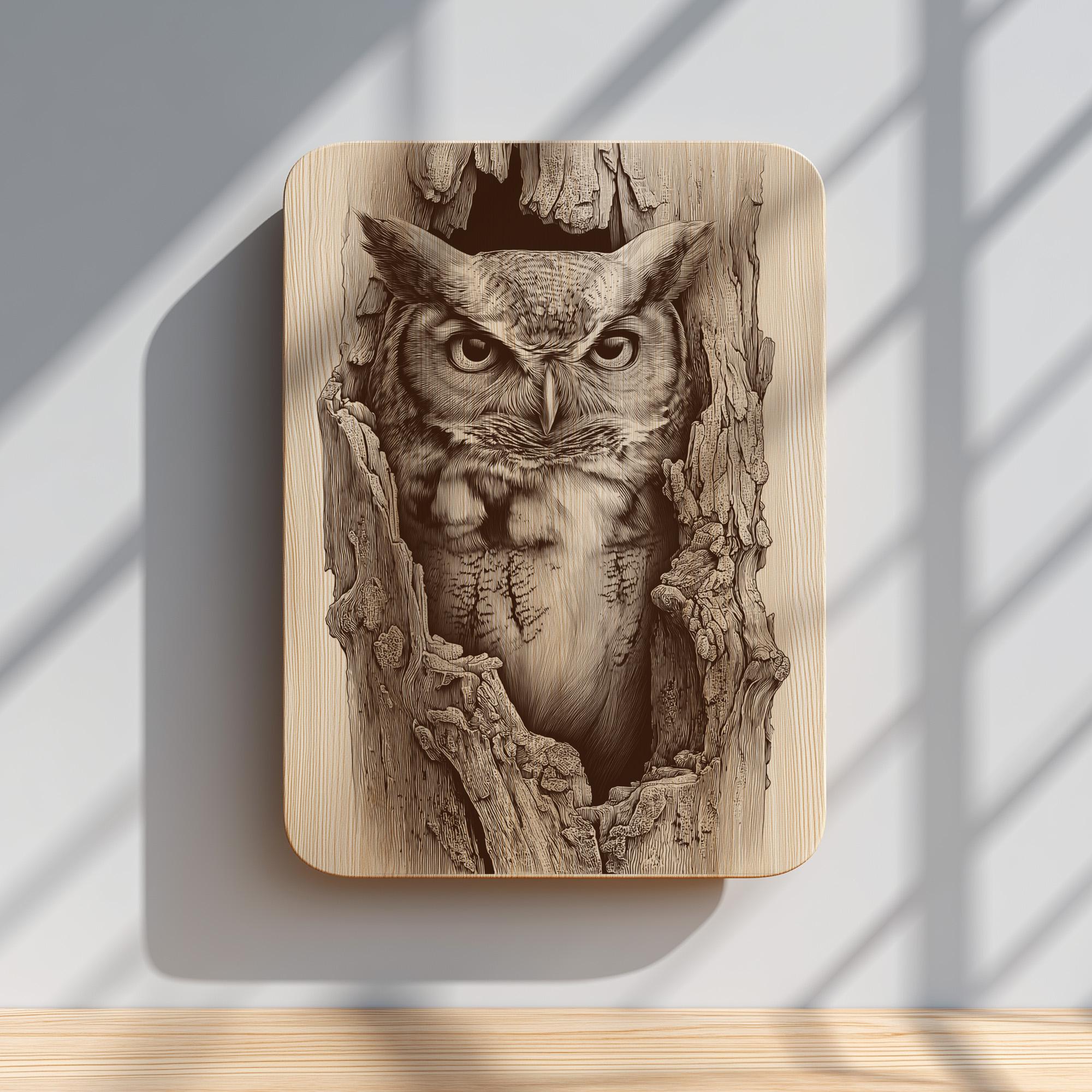 木彫り　フクロウ 雄大なフクロウの彫刻 PNG | 素朴な木版画の野生動物アート | CNC