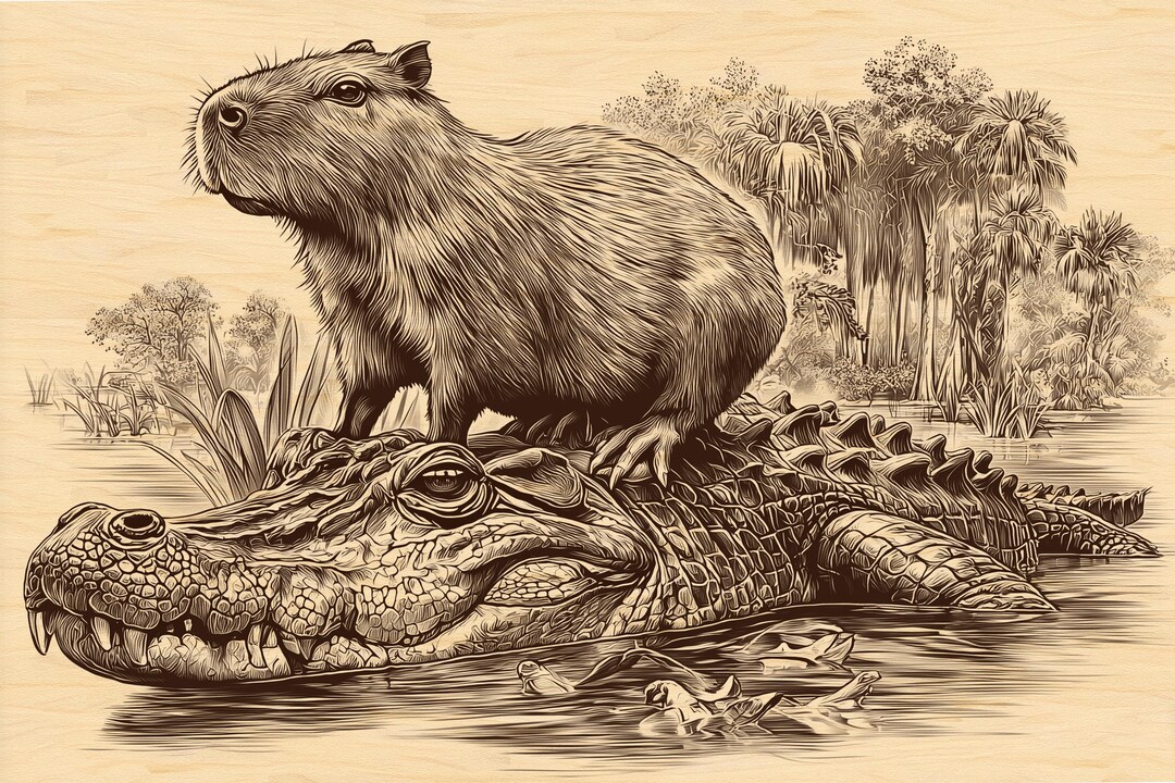 Capybara Riding Crocodile Engraving PNG | Unique Wildlife Wood Art ...