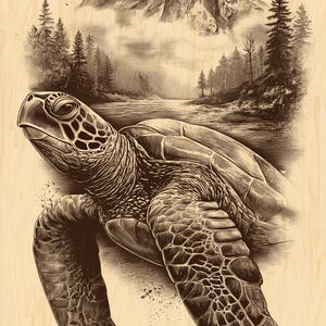 Puede incluir: Ilustración en tonos sepia de una tortuga marina nadando frente a una cordillera y un bosque. La tortuga es el punto focal, con intrincados trazos que definen su caparazón y aletas. El fondo presenta un río y árboles.