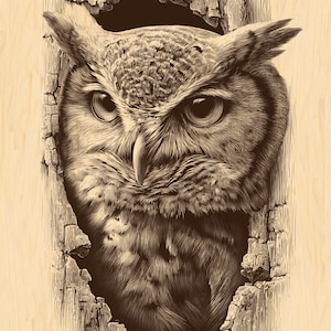 Puede incluir: Ilustración detallada en tonos sepia de un búho emergiendo de un tronco de árbol. La cara del búho es el punto focal, con intrincados detalles de plumas y ojos penetrantes. La obra de arte está ambientada sobre un fondo de veta de madera clara.