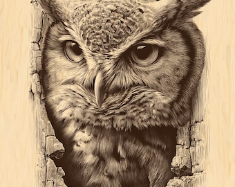 Owl in Tree Hollow PNG | Rustic Wildlife Engraving Clipart for Laser & CNC | Forest Totem Animal Woodburning Wall Art