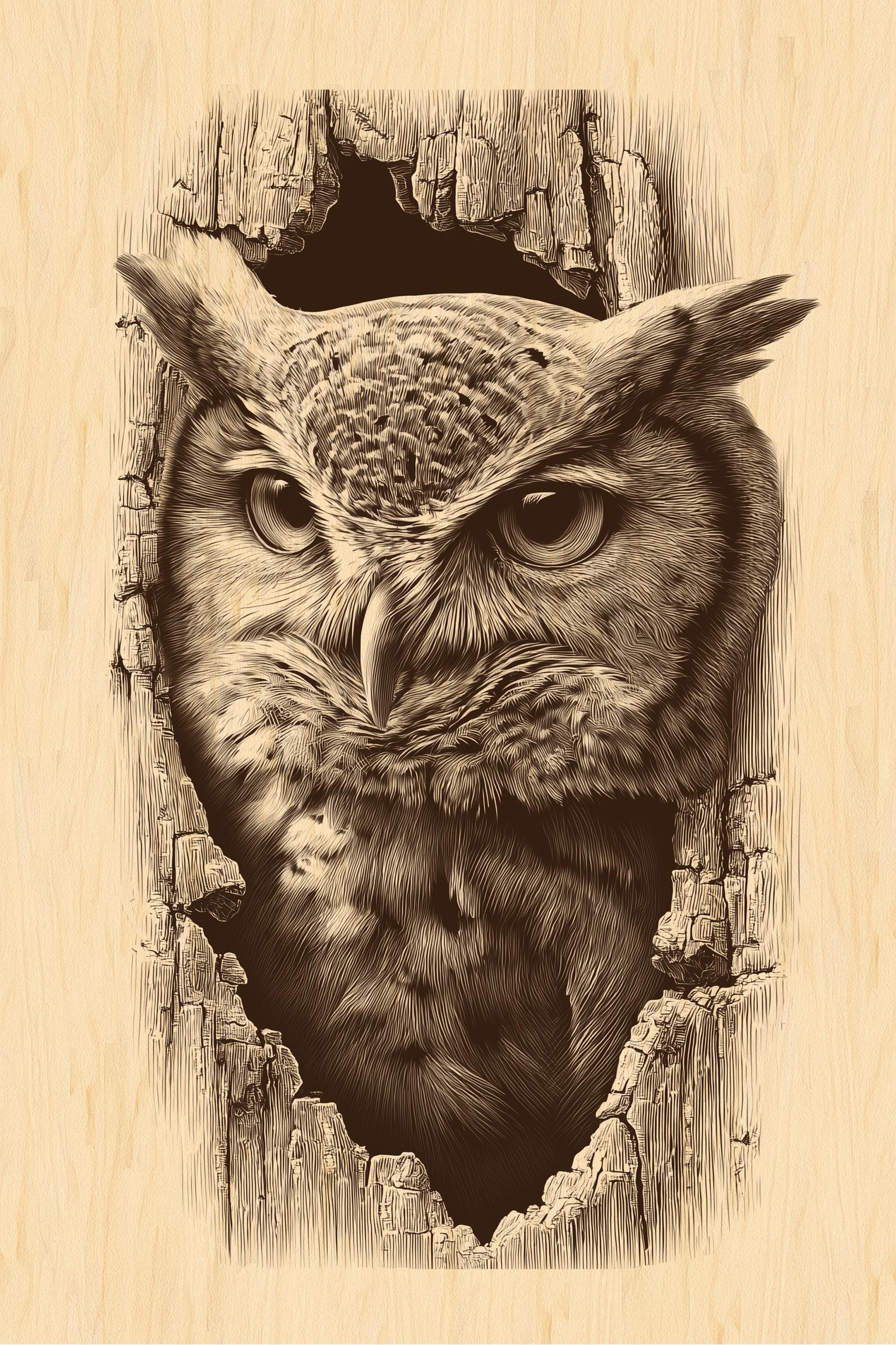 Owl in Tree Hollow PNG | Rustic Wildlife Engraving Clipart for Laser & CNC | Forest Totem Animal
