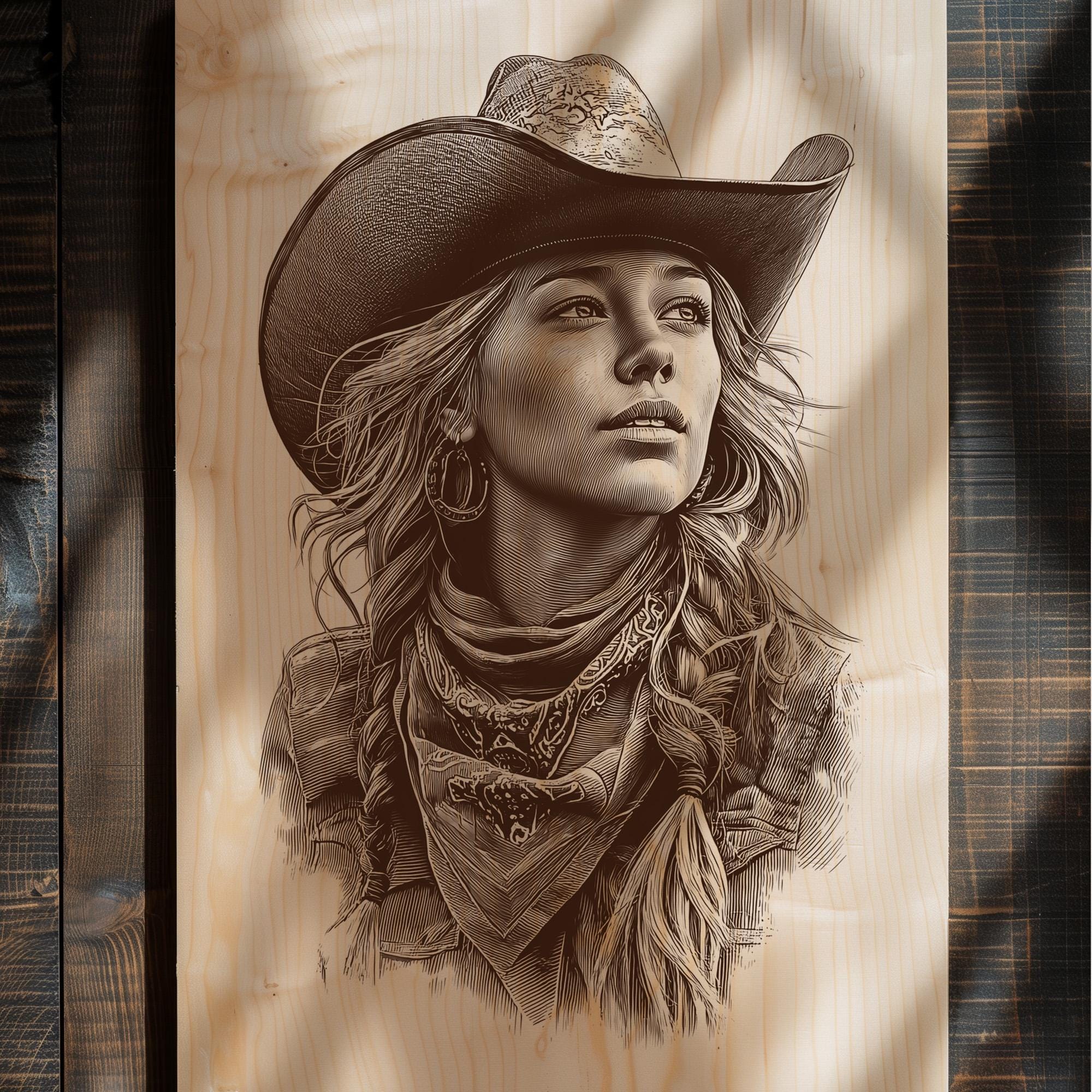Rustic Woman Face Cowgirl Portrait PNG | Rustic Western Woman Engraving Digital File ...