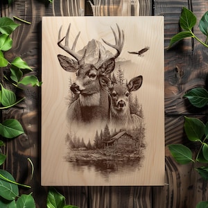 Laser engraving file featuring deer and nature landscape.
Deer family engraving PNG for wood and slate crafts.
Wilderness-inspired art file for rustic wall décor.