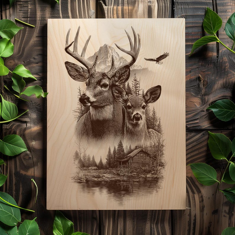 Laser engraving file featuring deer and nature landscape.
Deer family engraving PNG for wood and slate crafts.
Wilderness-inspired art file for rustic wall décor.