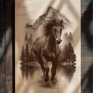 Rustic running horse western digital engraving.