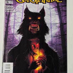 May include: A DC Comics Constantine issue 16 comic book featuring a cover illustration of a man lighting a cigarette in front of a large, dark, wolf-like creature with glowing orange eyes and sharp teeth against a purple forest background.