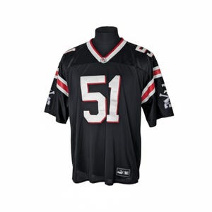 May include: Black football jersey with the number 51 in white on the front. The jersey has red and white stripes on the sleeves and shoulders. The collar is white with a red trim. The jersey is displayed on a black mannequin.