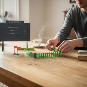 May include: A Subbuteo tabletop soccer game setup on a wooden table. The game includes a scoreboard displaying scores, miniature green fences, red flags, and a book. A person is arranging the game pieces.