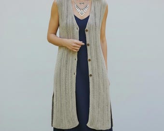 Ballinger Gold L Longline Silk Linen Knit Vest Button Front