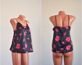 Black Red Lingerie Vintage Short Camisole Lace Sexy Nightgown size L XL 44 46 EU Satin Roses Print Top