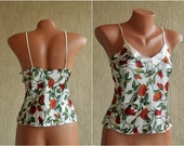 Romantic Vintage Satin Pijama Tank size M White Print Camisole Flower Short Night Gown Hennes Mauritz Summer Women Top