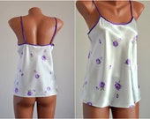 Romantic Vintage Satin Pijama Tank size M White Print Camisole Violet Flower Short Night Gown Summer Women Top