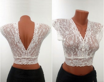 White Lace Backless Bridal Crop Top Blouse size S M 36 38 EU White Wedding Underwear Low Cut Bralette Sexy Bustier Elastic Top