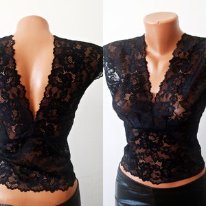 NUEVA blusa sin espalda con bralette de encaje hecha a mano talla S M L 36 38 Camisola negra de corte bajo Top elástico sexy