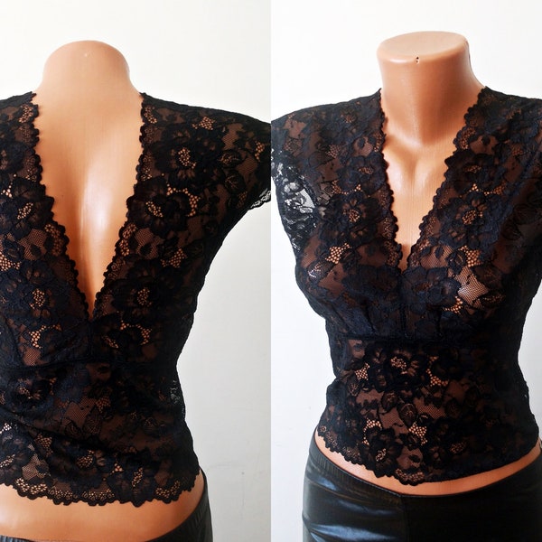 Nouveau chemisier dos nu en dentelle fait main, taille S M L 36 38, caraco noir coupe basse, bustier sexy haut élastique