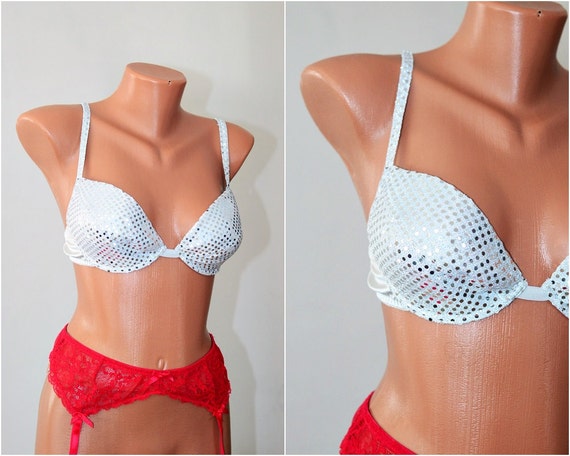 Silver Lame Boning Padded SEQUINED Bra Size M 80B 36B Classic