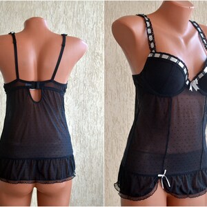 Black Sheer BACKLESS Nightdress size 80B 38 40 EU Vintage Floral Lace Sexy Open Back Slip Padded Short Stretch Night Gown