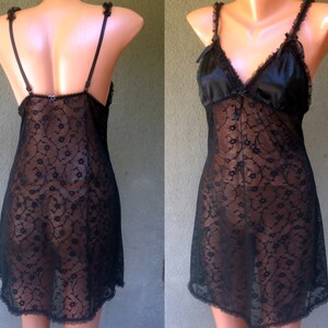 Sheer Black Sexy BACKLESS Nightdress size M L 36 38 EU Black Vintage Floral Lace Open Back Slip Stretch Night Gown