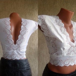 WHITE Lace Backless Crop Top size S M L 36 38 40 42 EU Bridal Stretch Low Cut Sexy Bustier Wedding Day Underwear Elastic Top