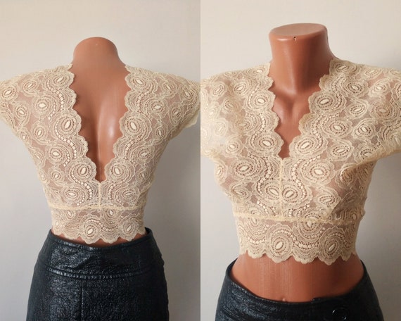 cumpleaños Ocupar Contratado HANDMADE Beige Encaje Backless Crop Top Blusa talla S 36 40 EU - Etsy España