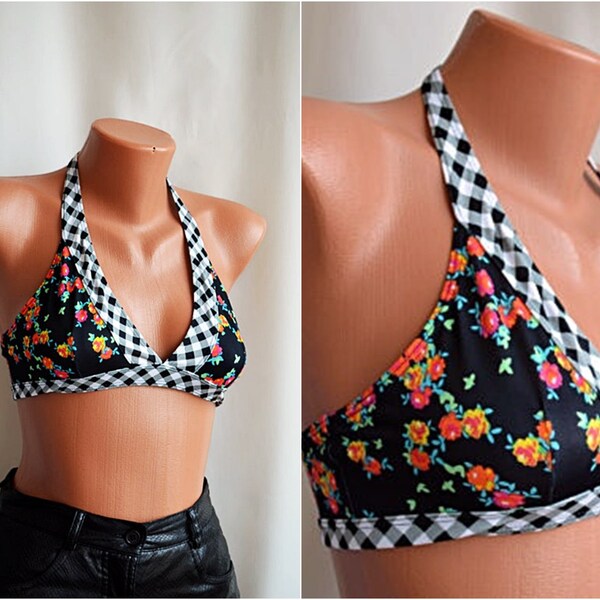 Vintage Bustier size S M Women Sport Bustier Floral Girl Swimsuit Classic Print Bra Swimwear