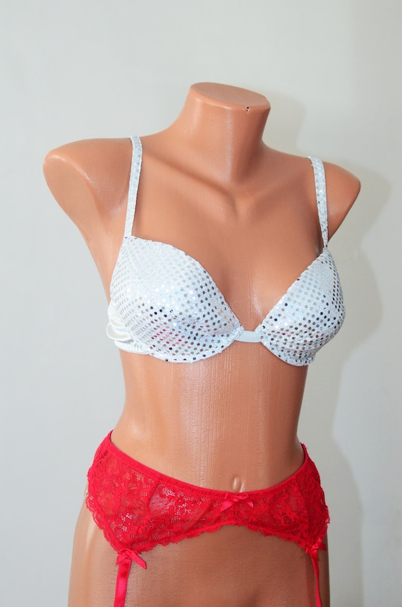 Silver Lame Boning Padded SEQUINED Bra Size M 80B 36B Classic