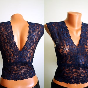 HANDMADE Lace Bralette Backless Top Blouse size S 32 34 EU Blue Low Cut Camisole Sexy Bustier Elastic Top