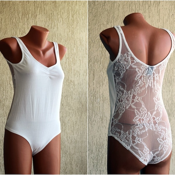 COTTON White LACE Teddy size S M 38 Women Classic Tank Lingerie STRETCH Lace Top String Sleeveless Underwear