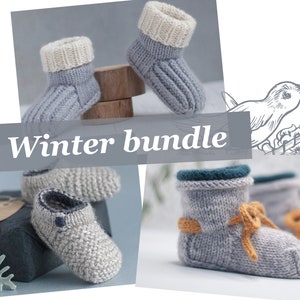May include: A set of four knitted baby booties in grey, white, and blue with different styles. The booties are arranged on a wooden surface and a grey background. The text "Winter bundle" is displayed on a grey banner.