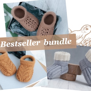 Könnte beinhalten: Ein Set mit vier gestrickten Babyschuhen in verschiedenen Farben und Mustern. Die Schuhe sind aus weichem Garn gefertigt und haben eine bequeme Passform. Das Set enthält ein Paar braune Schuhe mit Blumenmuster, ein Paar orangefarbene Schuhe mit Zopfmuster und ein Paar graue Schuhe mit Rippenmuster. Die Schuhe sind perfekt, um die Füße des Babys warm und gemütlich zu halten.