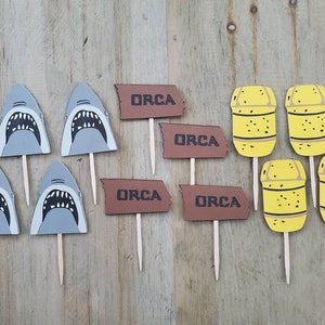 JAWS cupcake toppers, JAWS party decorations diecut cardstock set of 12