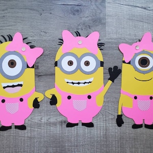 Girl Minion, Minion Birthday set of 3 Diecut Cardstock 11.5&quot; party wall decorations Pink with Bow and Rhinestones