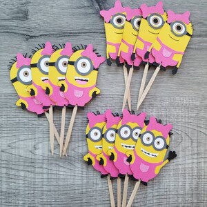 Girl Minion Cupcake Toppers, Minion decorations pink bow, Minion Birthday set of 12