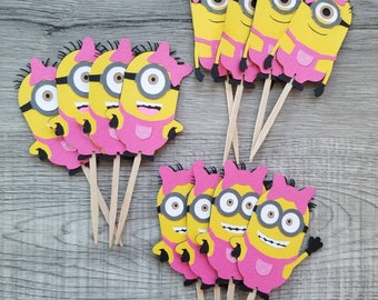 Girl Minion Cupcake Toppers, Minion decorations pink bow, Minion Birthday set of 12