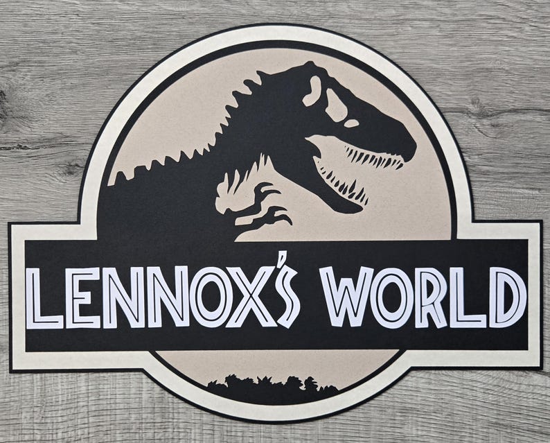 Jurassic Park Birthday Party Wall sign, Jurassic World Door sign diecut cardstock door sign decoration, NOT Backdrop Size Black/Beige