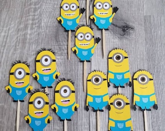 Minion Cupcake Toppers, Minion Birthday picks, Minion decorations diecut cardstock  picks 3 kinds set of 12