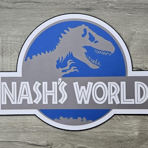 Jurassic Park Birthday Party Wall sign, Jurassic World Door sign diecut cardstock door sign decoration, NOT Backdrop Size Blue and gray