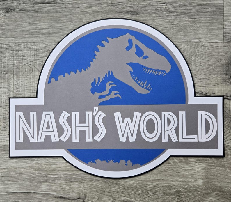 Jurassic Park Birthday Party Wall sign, Jurassic World Door sign diecut cardstock door sign decoration, NOT Backdrop Size Blue and gray
