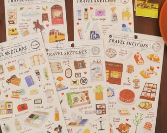 Hand-Drawn Travel Sketch Washi Stickers | Planner Journal Scrapbooking Collage Travelers Notebook Supplies Accessories