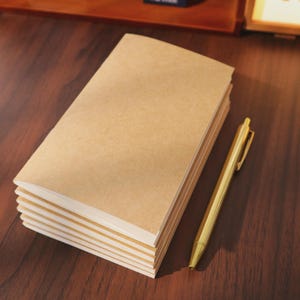 May include: A stack of blank, tan-colored notebooks with white paper pages, next to a gold-colored pen. The notebooks are stacked neatly on a dark brown wooden surface, with the pen resting on the side.