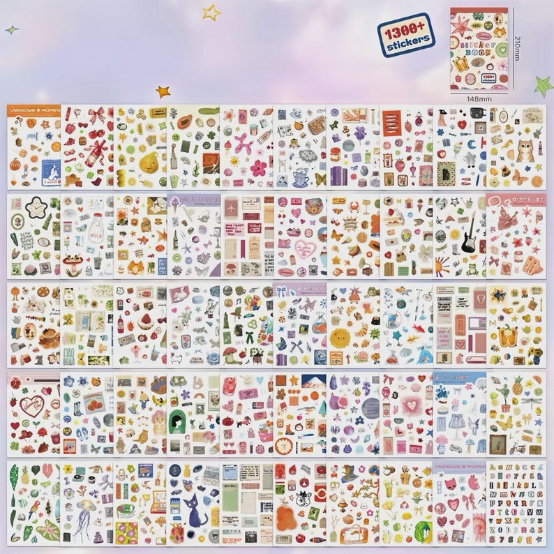 May include: A sticker book containing over 1300 stickers, measuring 148mm by 210mm. The collection features numerous sheets filled with diverse, colorful illustrations including animals, food, plants, musical instruments, and various everyday objects.