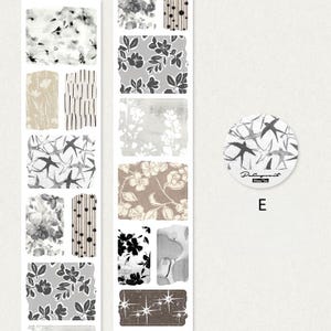 May include: Washi tape rolls and a round sticker featuring floral and abstract patterns in black, white, and beige. The tape designs include flowers, birds, and geometric shapes. The sticker has a bird design and the text "Palingprint".