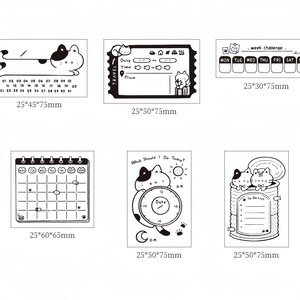 May include: A collection of black and white cat-themed stamps. Designs include a calendar, a travel ticket, a weekly planner, a monthly calendar, a clock, and a to-do list. Measurements are provided in millimeters.