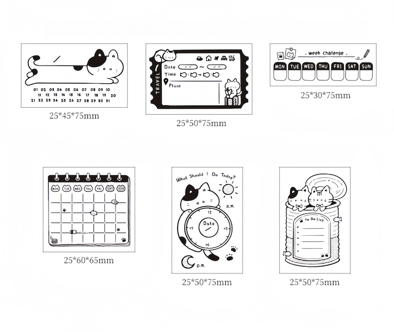 May include: A collection of black and white cat-themed stamps. Designs include a calendar, a travel ticket, a weekly planner, a monthly calendar, a clock, and a to-do list. Measurements are provided in millimeters.