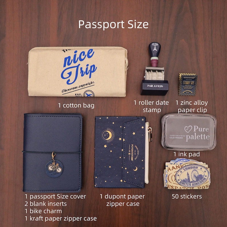 Op de afbeelding: Een verzameling reisaccessoires, waaronder een katoenen tas met de tekst "nice Trip", een paspoorthoes, een ritsmap, een roldatumstempel, stickers en een paperclip van zinklegering. De items zijn gerangschikt op een houten oppervlak.