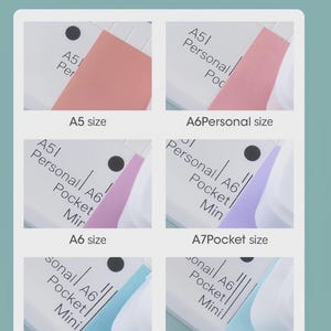 May include: A product display with the text "Convenient scale design" and "Rapid positioning, convenient drill." The image shows six different sizes: A5, A6 Personal, A6, A7 Pocket, A7, and A8 (Mini). Each size has a colored paper insert.