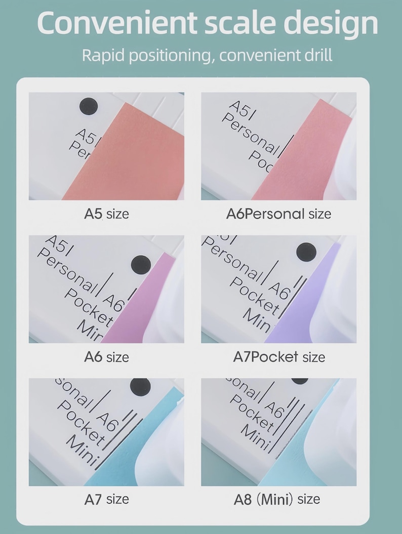 May include: A product display with the text "Convenient scale design" and "Rapid positioning, convenient drill." The image shows six different sizes: A5, A6 Personal, A6, A7 Pocket, A7, and A8 (Mini). Each size has a colored paper insert.